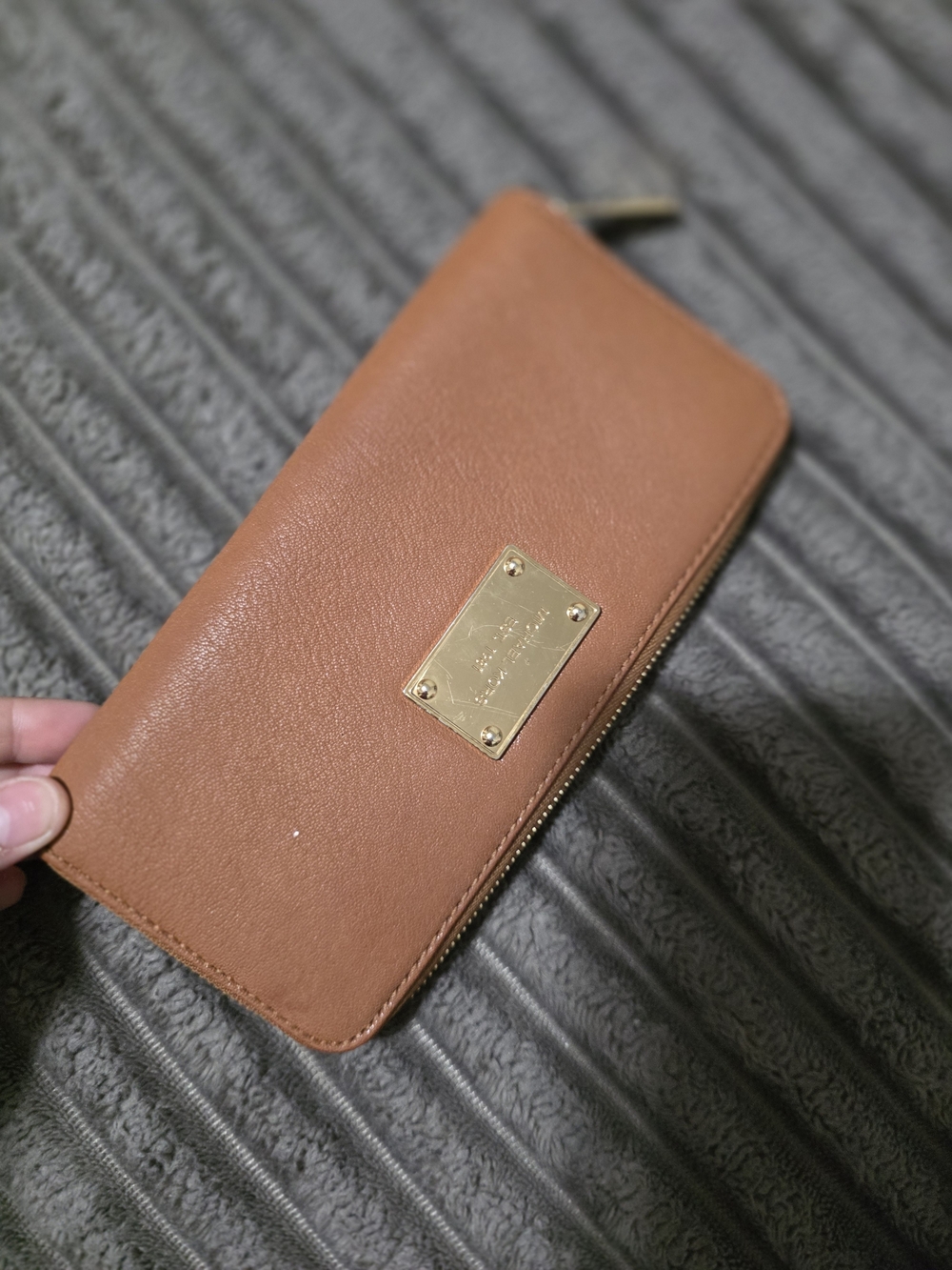 Michael Kors Tan Zip-Around Wallet with Gold Plaque